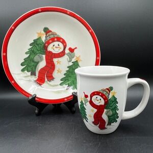 Studio 33 Snowman Christmas Mug Plate Set White Red Ceramic Holiday Decor 12 oz